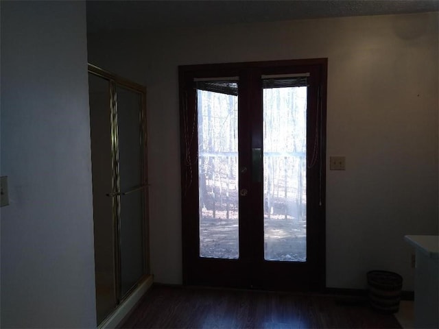 doorway with dark hardwood / wood-style floors and french doors