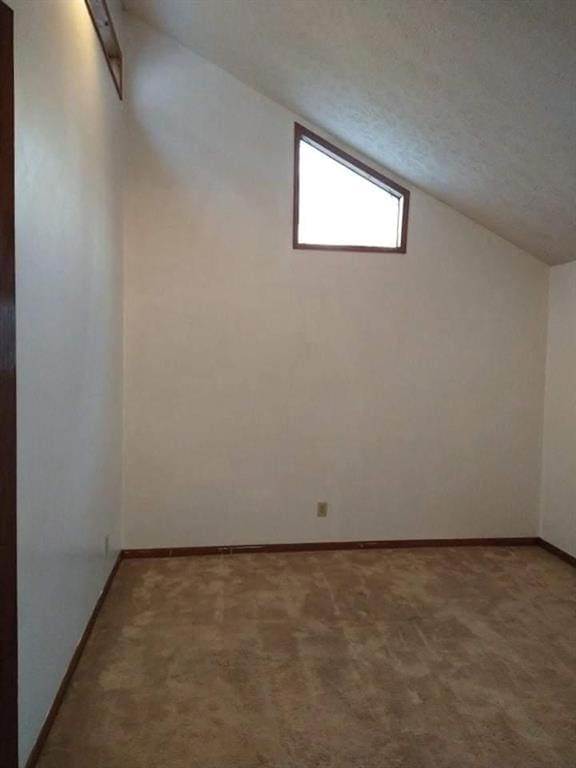 additional living space featuring a textured ceiling, dark colored carpet, and lofted ceiling