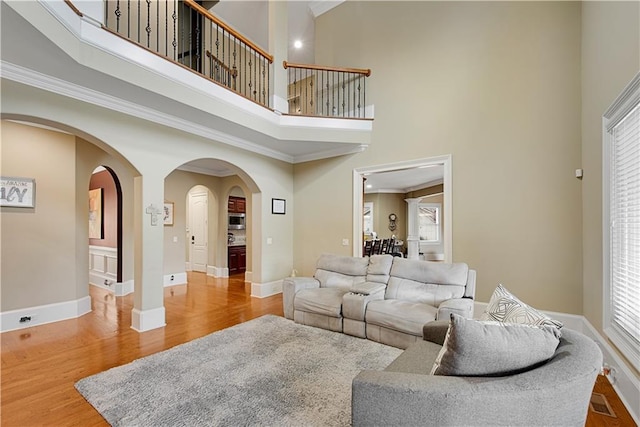 living area featuring crown molding, visible vents, a high ceiling, wood finished floors, and baseboards