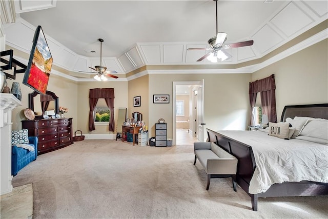 bedroom with light carpet and ornamental molding