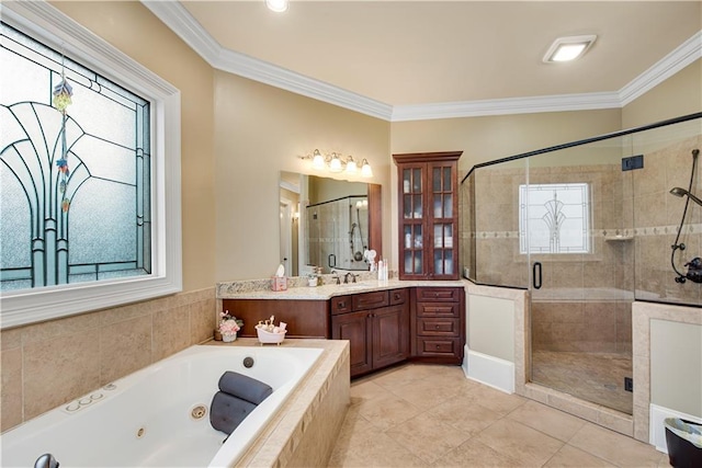 full bath with a jetted tub, a stall shower, and ornamental molding