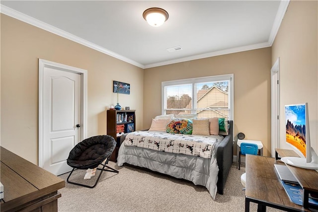 bedroom with light colored carpet, crown molding, and visible vents