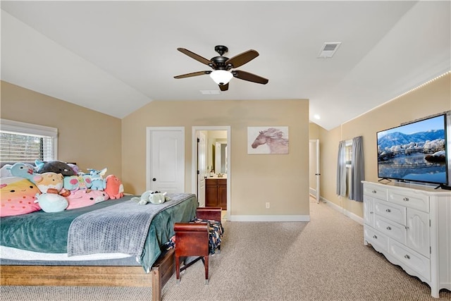 bedroom featuring lofted ceiling, baseboards, visible vents, and light colored carpet