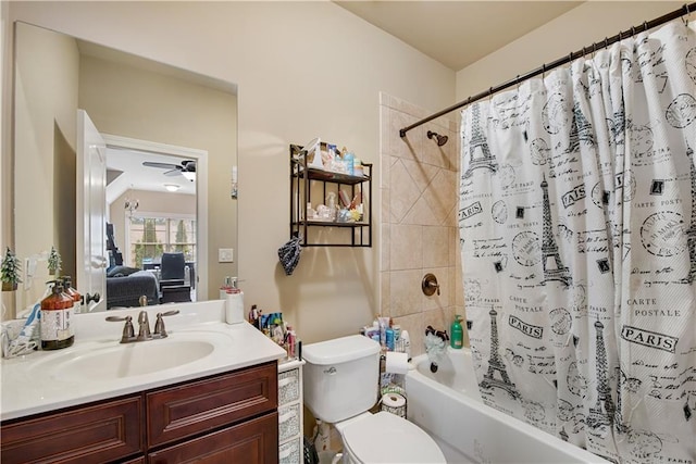 bathroom featuring toilet, shower / bathtub combination with curtain, ceiling fan, and vanity