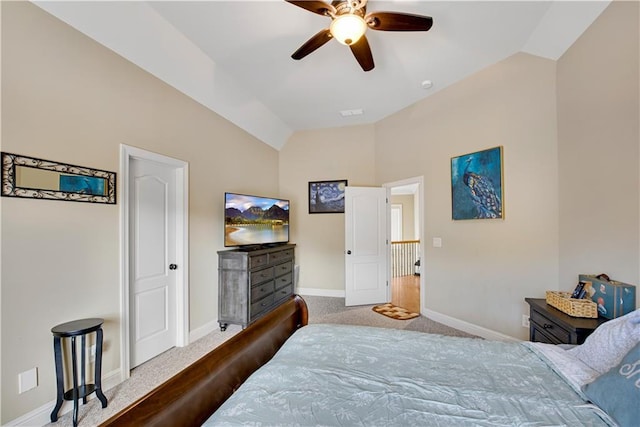 carpeted bedroom featuring lofted ceiling, ceiling fan, and baseboards