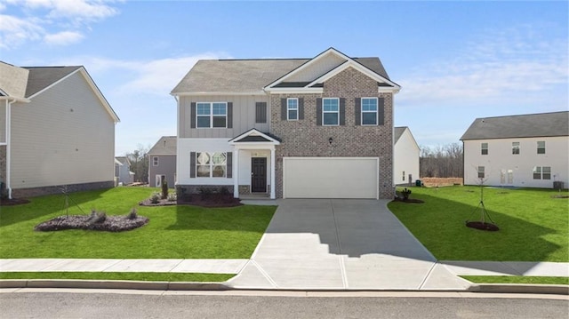 view of front of house with an attached garage, board and batten siding, concrete driveway, and a front yard