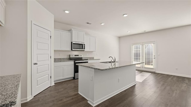 kitchen featuring white cabinets, a sink, stainless steel appliances, and visible vents