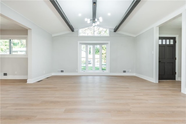 unfurnished living room featuring vaulted ceiling with beams, light hardwood / wood-style flooring, and a chandelier