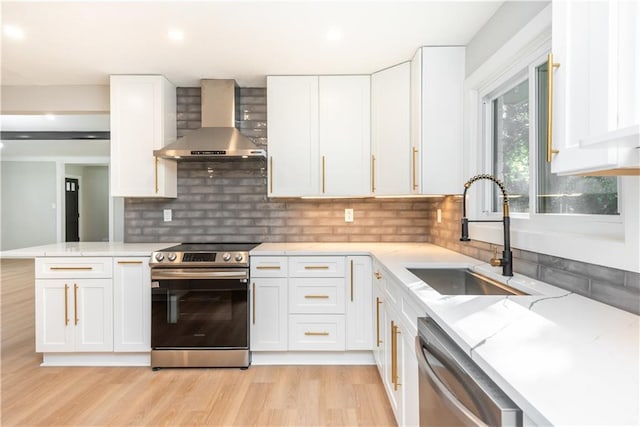 kitchen with white cabinets, appliances with stainless steel finishes, wall chimney exhaust hood, and sink