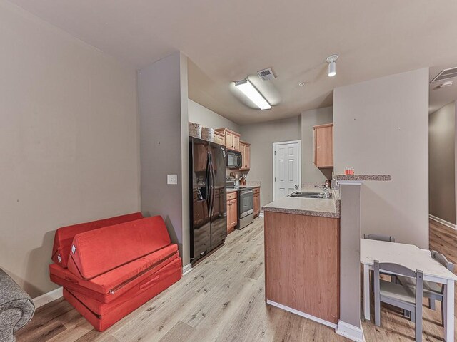 kitchen featuring sink, light hardwood / wood-style floors, and black appliances