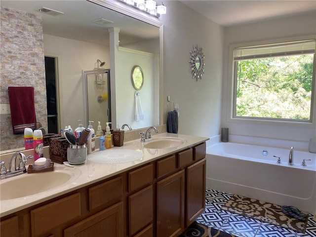 3692 Archgate Ct, Alpharetta, GA 30004 - bathroom featuring a bath, double vanity, and a shower stall