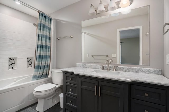 full bathroom featuring vanity, shower / bath combo, and toilet