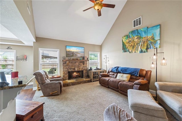 108 Lake Point Ct, Jefferson, GA 30549 - living room featuring high vaulted ceiling, ceiling fan, plenty of natural light, and a fireplace