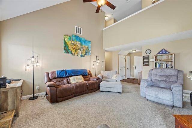 108 Lake Point Ct, Jefferson, GA 30549 - carpeted living area with high vaulted ceiling and a ceiling fan