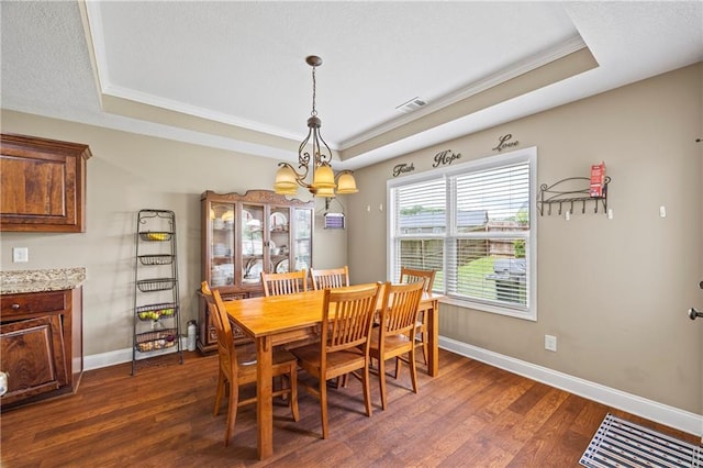 108 Lake Point Ct, Jefferson, GA 30549 - dining area with a raised ceiling, dark wood-style flooring, crown molding, a chandelier, and a textured ceiling