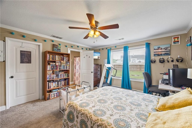 108 Lake Point Ct, Jefferson, GA 30549 - bedroom with carpet flooring, crown molding, a textured ceiling, and ceiling fan
