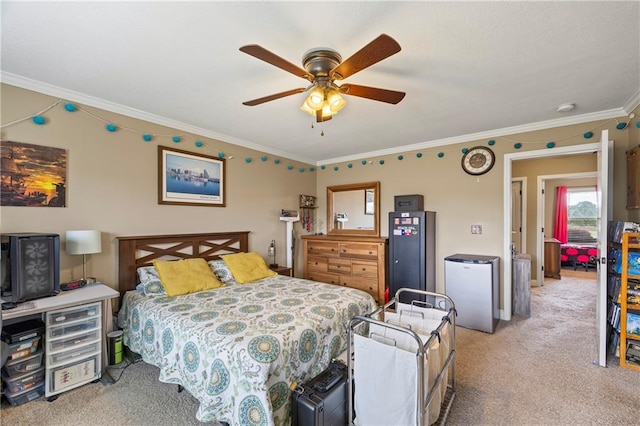 108 Lake Point Ct, Jefferson, GA 30549 - carpeted bedroom featuring crown molding, a ceiling fan, and freestanding refrigerator