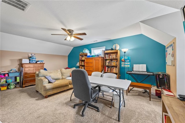 108 Lake Point Ct, Jefferson, GA 30549 - carpeted home office with a ceiling fan, vaulted ceiling, and a textured ceiling
