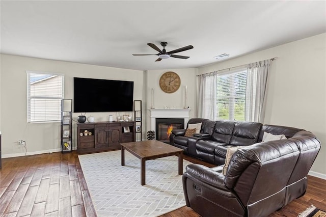 8553 Braylen Manor Dr, Douglasville, GA 30134 - living area featuring wood finished floors, a ceiling fan, and a glass covered fireplace