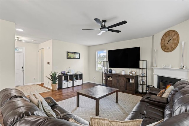 8553 Braylen Manor Dr, Douglasville, GA 30134 - living room featuring a ceiling fan, wood finished floors, and a glass covered fireplace
