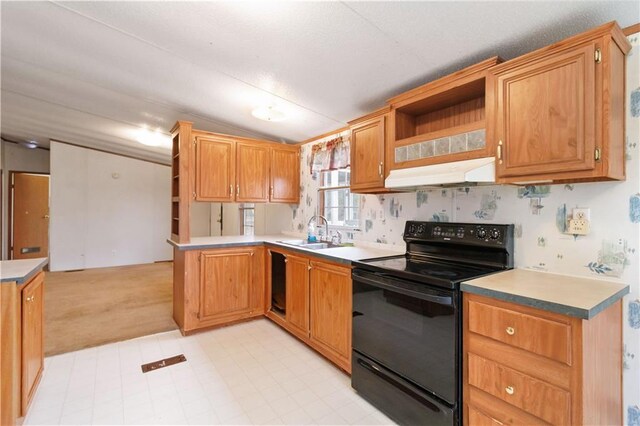 kitchen with electric range, a peninsula, under cabinet range hood, open shelves, and a sink