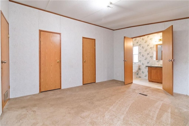 unfurnished bedroom featuring carpet floors, two closets, visible vents, ornamental molding, and ensuite bath