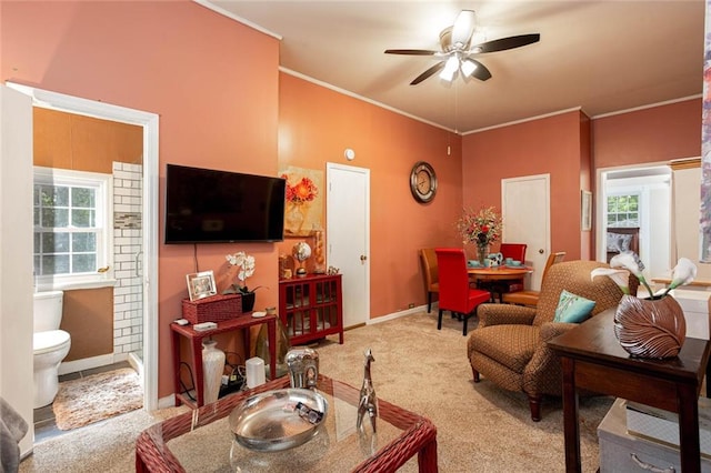 791 E Main St, Canton, GA 30114 - carpeted living area featuring a ceiling fan, ornamental molding, and baseboards