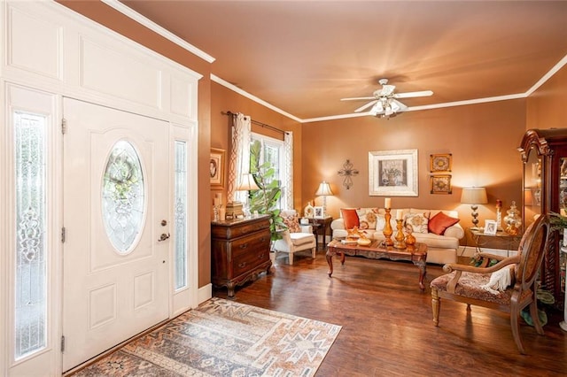 791 E Main St, Canton, GA 30114 - entryway featuring wood finished floors, ornamental molding, and a ceiling fan