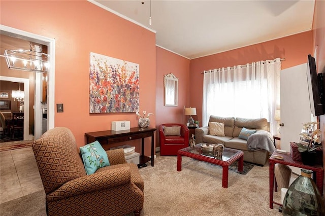 791 E Main St, Canton, GA 30114 - living area with a chandelier, crown molding, and carpet floors