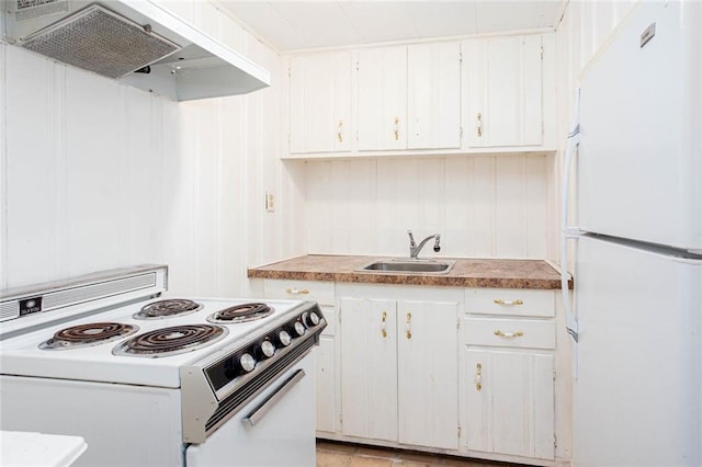 791 E Main St, Canton, GA 30114 - kitchen featuring white appliances, under cabinet range hood, a sink, and white cabinets