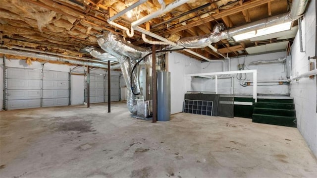 unfinished basement featuring water heater and heating unit