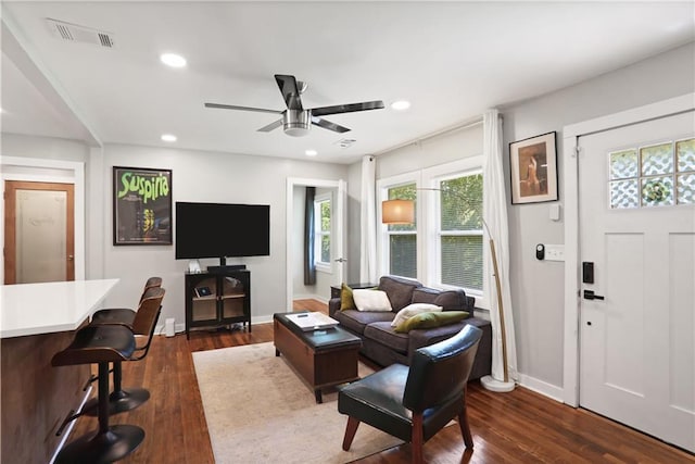 1202 Key Rd SE, Atlanta, GA 30316 - living area with baseboards, a ceiling fan, dark wood-style flooring, and recessed lighting