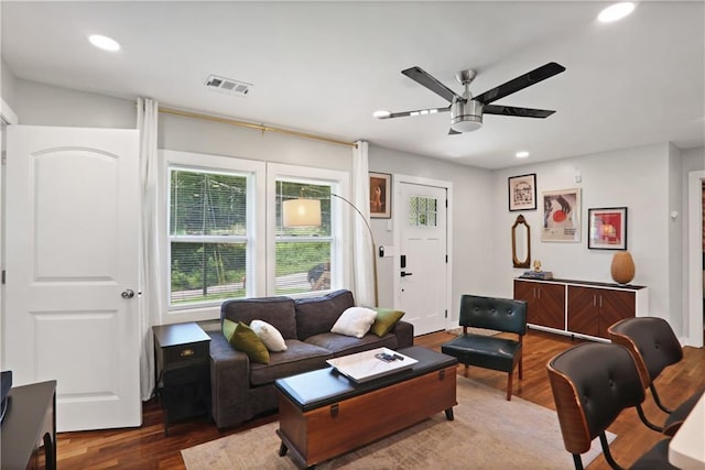 1202 Key Rd SE, Atlanta, GA 30316 - living area with a ceiling fan, wood finished floors, and recessed lighting