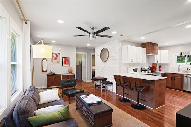 1202 Key Rd SE, Atlanta, GA 30316 - living room with ceiling fan, dark wood-style floors, and recessed lighting