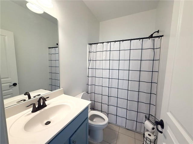 full bathroom with toilet, tile patterned floors, vanity, and a shower with shower curtain