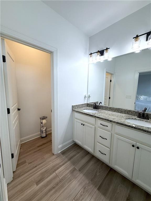 full bathroom featuring double vanity, wood finished floors, baseboards, and a sink