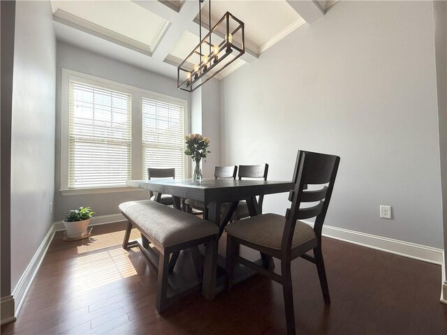 dining area with a notable chandelier, coffered ceiling, baseboards, dark wood-type flooring, and beamed ceiling