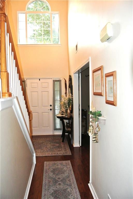 entrance foyer featuring a towering ceiling and dark wood-type flooring