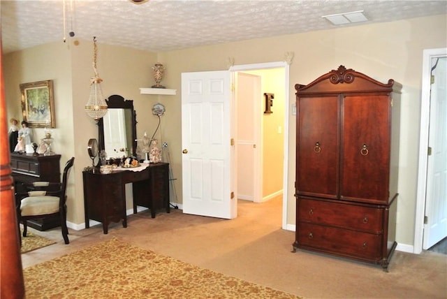 miscellaneous room with carpet floors and a textured ceiling