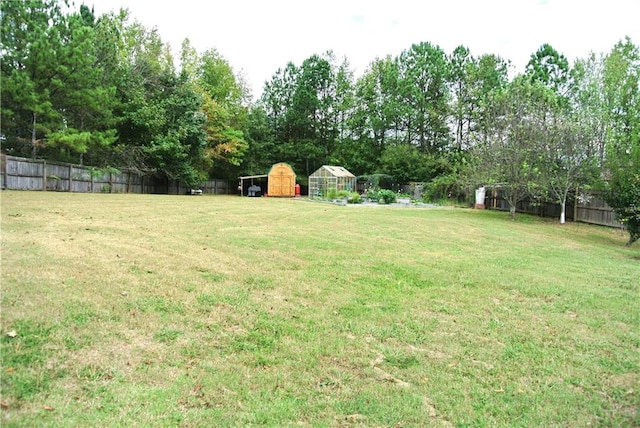 view of yard featuring a storage unit