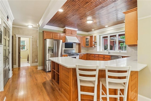 150 Henderson Farm Dr, Woodstock, GA 30188 - kitchen with appliances with stainless steel finishes, custom exhaust hood, open shelves, a peninsula, and wooden ceiling