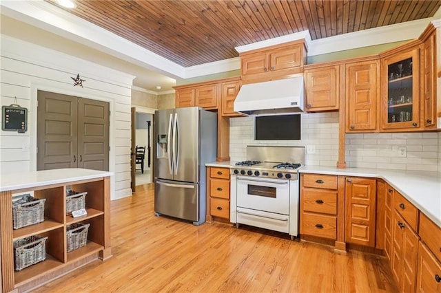 150 Henderson Farm Dr, Woodstock, GA 30188 - kitchen with stainless steel refrigerator with ice dispenser, white gas range oven, range hood, ornamental molding, and wood ceiling
