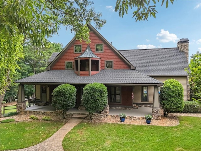150 Henderson Farm Dr, Woodstock, GA 30188 - view of front of property with covered porch, roof with shingles, a front lawn, and a chimney