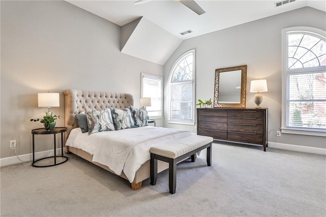 389 Mill Creek Bnd NE, Atlanta, GA 30307 - bedroom with visible vents, carpet floors, lofted ceiling, baseboards, and ceiling fan