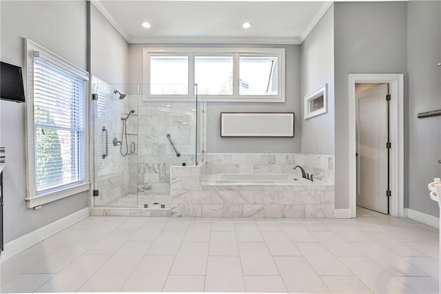 389 Mill Creek Bnd NE, Atlanta, GA 30307 - full bathroom featuring a garden tub, a stall shower, baseboards, ornamental molding, and recessed lighting