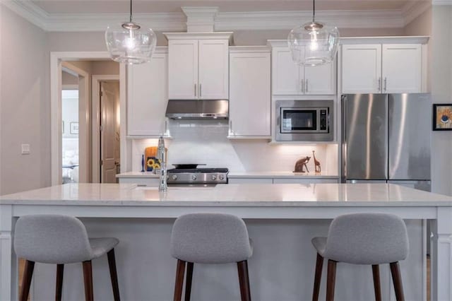 2010 Georgia Club Dr, Statham, GA 30666 - kitchen with appliances with stainless steel finishes, extractor fan, white cabinetry, decorative backsplash, and crown molding