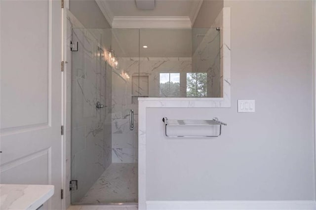 2010 Georgia Club Dr, Statham, GA 30666 - bathroom with crown molding, a marble finish shower, and vanity