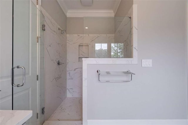 2010 Georgia Club Dr, Statham, GA 30666 - bathroom featuring ornamental molding and a marble finish shower