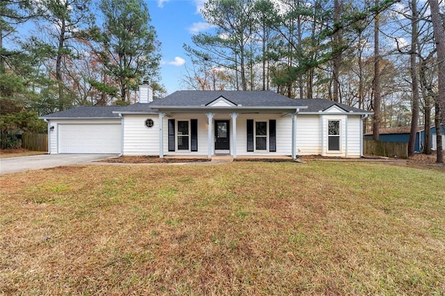 single story home featuring a front lawn, a porch, and a garage