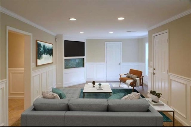 living room with ornamental molding